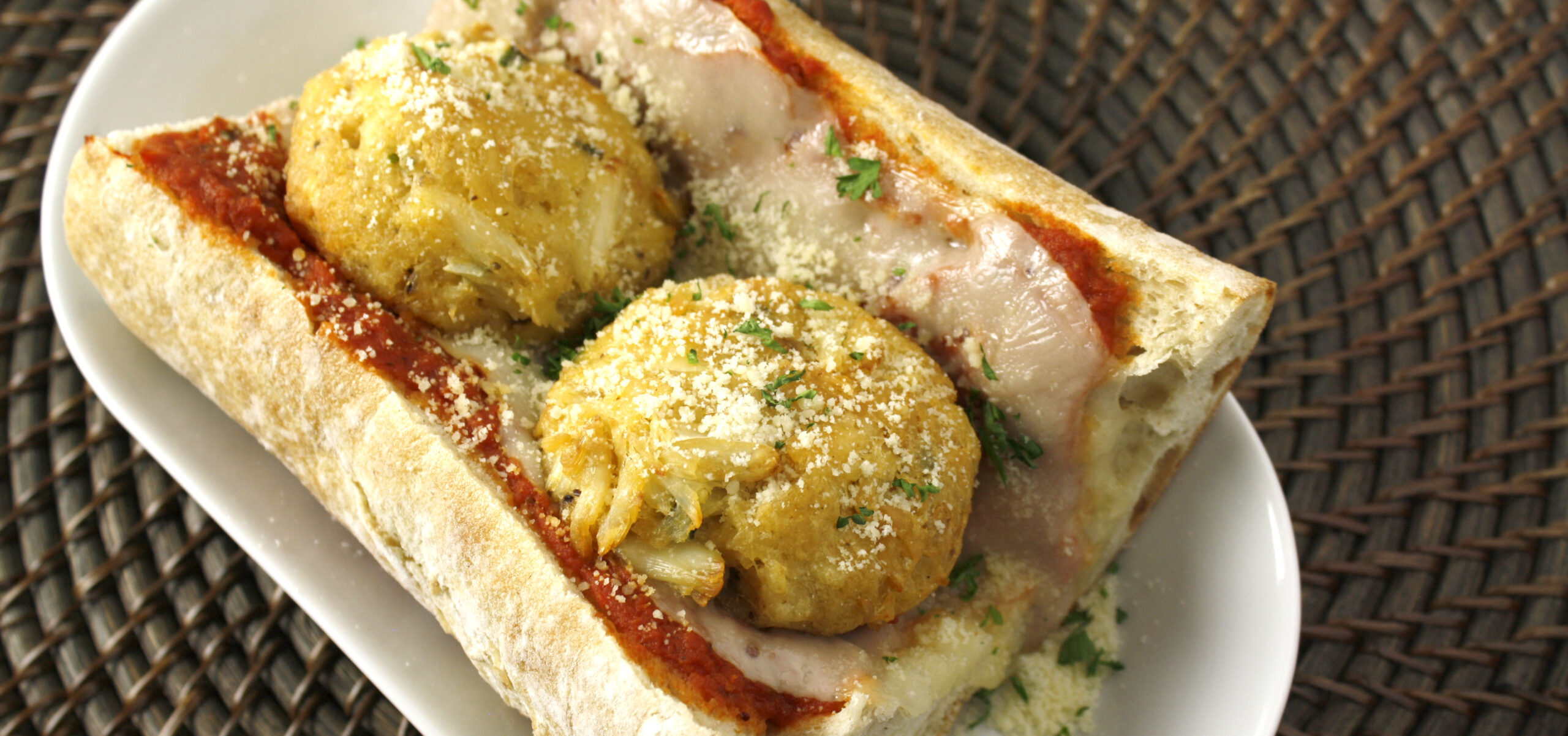 Crab Cake Parmesan Sub - Handy Seafood